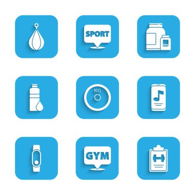 Set Weight plate Location gym Sport training program Music player Smartwatch Fitness shaker Sports nutrition and Punching bag icon. Vector.