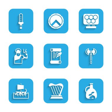 Set Decree parchment scroll Harp Bottle of olive oil Medieval axe Greek trireme Zeus Olympic rings and sword icon. Vector.