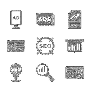 Set SEO optimization Magnifying glass and analysis Browser setting Board with graph chart window Document and Advertising icon. Vector.