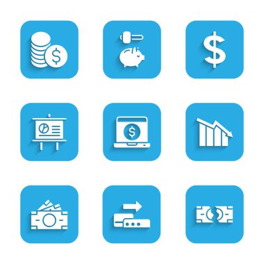 Set Laptop with dollar Pos terminal Tearing money banknote Financial growth decrease Stacks paper cash Chalkboard diagram Dollar symbol and Coin icon. Vector.