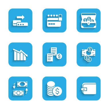 Set Paper or financial check Coin money with dollar Wallet Stacks paper cash Money exchange Financial growth decrease Treasure chest and Pos terminal icon. Vector.