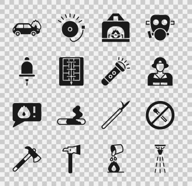 Set Fire sprinkler No fire match Firefighter Interior fireplace Evacuation plan Ringing alarm bell Burning car and Flashlight icon. Vector.