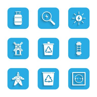Set Recycle bin with recycle Electrical outlet Battery tower Wind turbine Solar energy panel and Propane gas tank icon. Vector.