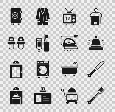 Set Fork Knife Hotel service bell Retro tv Toothbrush and toothpaste slippers Safe and Electric iron icon. Vector.