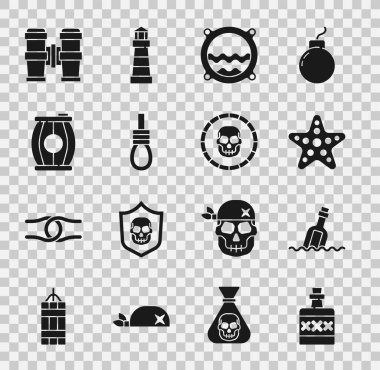 Set Alcohol drink Rum Bottle with message water Starfish Ship porthole seascape Gallows rope loop hanging Gun powder barrel Binoculars and Pirate coin icon. Vector.