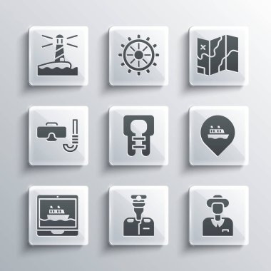 Set Captain of ship Tourist Location with cruise Life jacket Cruise Diving mask and snorkel Lighthouse and Folded map icon. Vector.