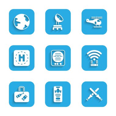 Set Attitude indicator Mobile with ticket Marshalling wands Router wi-fi signal Suitcase Helicopter landing pad and Worldwide icon. Vector.