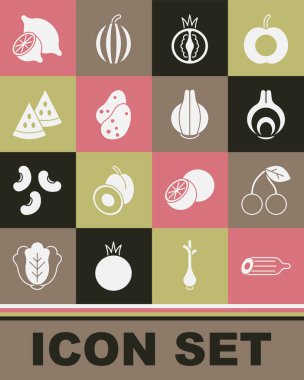 Set Fresh cucumber Cherry Onion Tomato Potato Watermelon Lemon and icon. Vector.