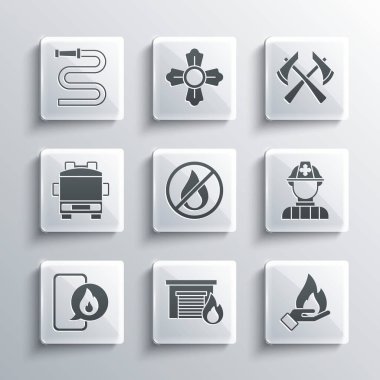 Set Fire in burning garage Hand holding fire Firefighter No Phone with emergency call 911 truck hose reel and axe icon. Vector.