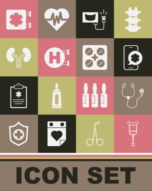 Set Crutch or crutches Stethoscope Emergency phone call Ultrasound Hospital signboard Human kidneys Medical symbol of the and Pills in blister pack icon. Vector.