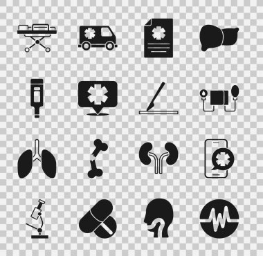 Set Heart rate Emergency phone call Blood pressure Clinical record Medical symbol of the Digital thermometer Stretcher and surgery scalpel icon. Vector.