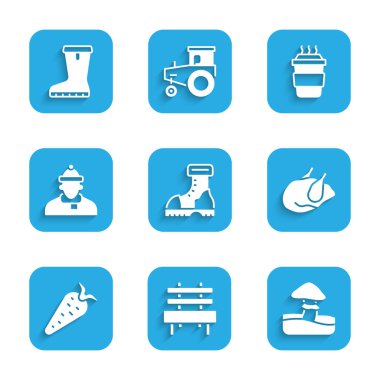 Set Waterproof rubber boot Bench Mushroom Roasted turkey or chicken Carrot Autumn clothes Coffee cup to go and icon. Vector.