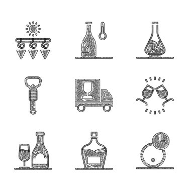 Set Wine truck Old bottle of wine Wooden barrel for tasting degustation with glass Bottle opener Decanter and Drying grapes icon. Vector.