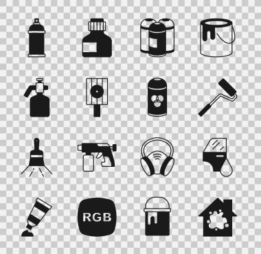 Set Painting the house Car painting roller brush spray can Spray nozzle cap gun and icon. Vector.
