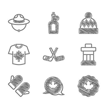 Set Ice hockey sticks Canadian maple leaf Inukshuk Christmas mitten Hockey jersey Beanie hat and ranger icon. Vector.