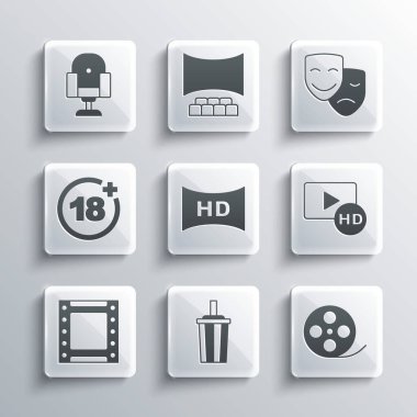 Set Paper glass with water Film reel Hd movie tape frame Play video Plus 18 Director chair and Comedy and tragedy masks icon. Vector.