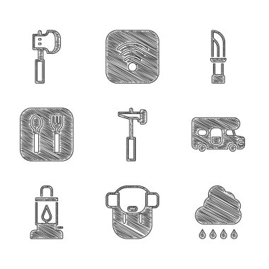 Set Hammer Hiking backpack Cloud with rain RV motorhome vehicle Camping lantern Fork and spoon Knife and Wooden axe icon. Vector.