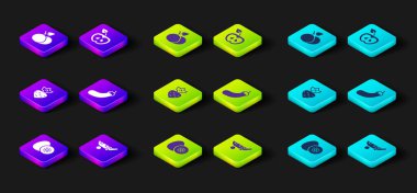 Set Kiwi fruit Peas Turnip Eggplant Apple and Mango icon. Vector.
