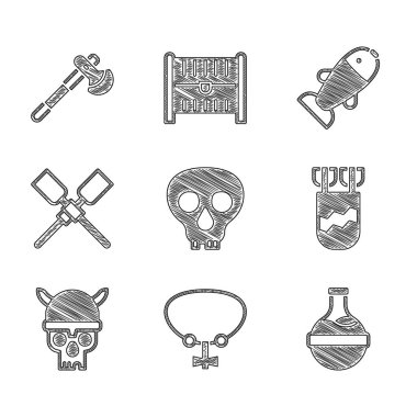 Set Skull Necklace with gem Bottle potion Quiver arrows viking helmet Oars or paddles boat Fish and Wooden axe icon. Vector.
