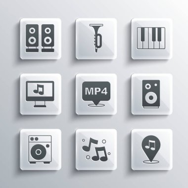 Set Music note tone Location musical Stereo speaker MP4 file document Guitar amplifier Computer with and synthesizer icon. Vector.