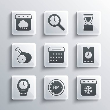 Set Morning time Calendar winter Alarm clock app mobile Clock Food autumn and Old hourglass icon. Vector.