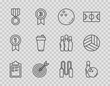 Set line Sport training program Bowling pin and ball Target with arrow Medal Fitness shaker Jump rope and Volleyball icon. Vector.