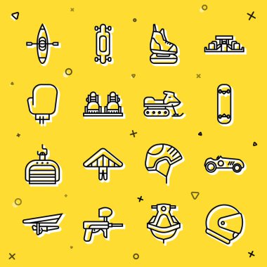 Set line Helmet Vintage sport racing car Skateboard trick Skates Snowboard Boxing glove Kayak canoe and Snowmobile icon. Vector.