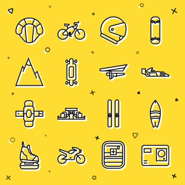 Set line Action extreme camera Surfboard Formula 1 racing car Helmet Longboard skateboard Mountains Parachute and Hang glider icon. Vector.