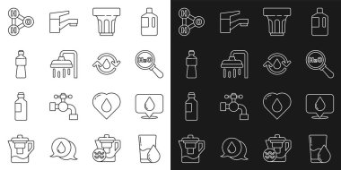 Set line Glass with water Water drop location Chemical formula for H2O Shower head Bottle of and Recycle clean aqua icon. Vector.