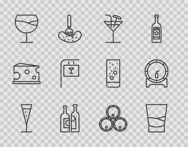 Set line Glass of champagne vodka Cocktail Bottles wine Wine glass Street signboard with Bar Wooden barrels and on rack icon. Vector.