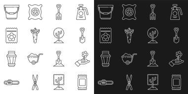Set line Fertilizer bag Hand holding flower Shovel Garden rake Carrot Pack full of seeds of plant Bucket and Tree icon. Vector.
