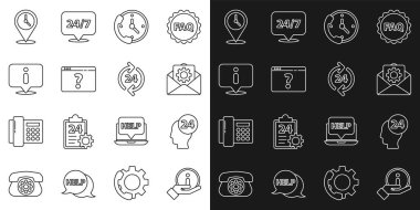 Set line Information Support operator in touch Envelope setting Telephone 24 hours support Browser with question mark Location clock and icon. Vector.