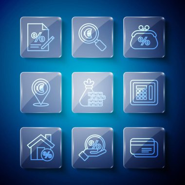Set line House with percant discount Discount percent tag Credit card Purse money Money bag and coin Cash location Finance document and Safe icon. Vector.