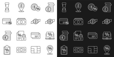 Set line Location with percent discount Percent and laptop Financial growth euro coin Money Stacks paper money cash Discount card Old hourglass and dollar icon. Vector.