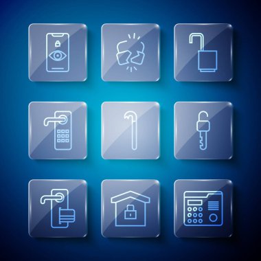 Set line Digital door lock House under protection intercom system Open padlock Crowbar Eye scan and Unlocked key icon. Vector.