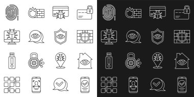 Set line Smartphone House with eye scan Shield brick wall System bug in credit card Eye monitor Fingerprint and and icon. Vector.
