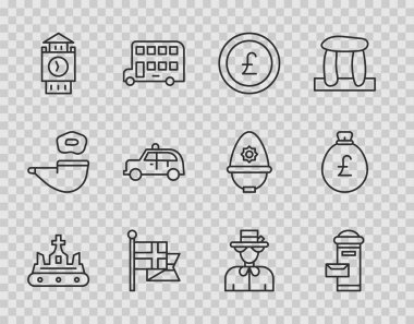 Set line British crown London mail box Coin money with pound England flag flagpole Big Ben tower Taxi car Queen Elizabeth and Money bag icon. Vector.