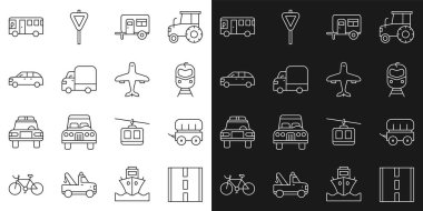 Set line Road Wild west covered wagon Train and railway Rv Camping trailer Delivery cargo truck Hatchback Bus and Plane icon. Vector.