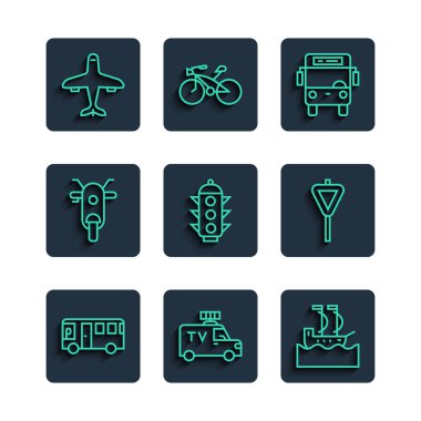 Set line Bus TV News car Sailboat Traffic light Scooter Plane and Road traffic signpost icon. Vector.