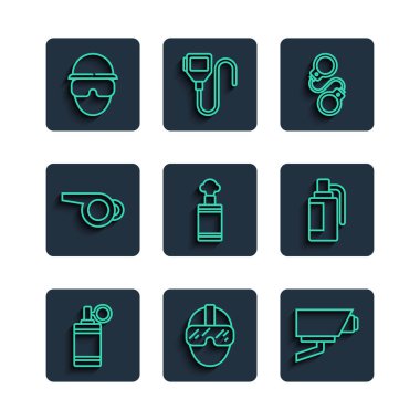 Set line Hand grenade Special forces soldier Security camera Handcuffs Whistle and icon. Vector.