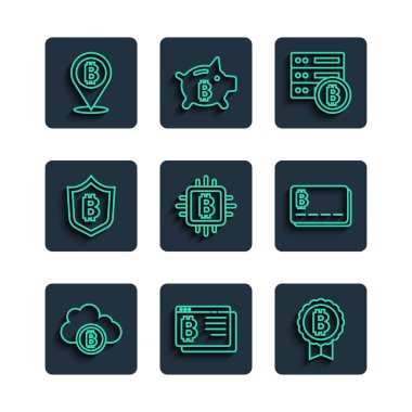 Set line Cryptocurrency cloud mining Bitcoin browser Server bitcoin CPU farm Shield with and Credit card icon. Vector.