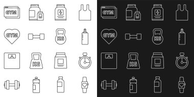 Set line Smartwatch Stopwatch Punching bag Sports nutrition Dumbbell Fitness gym heart Online fitness and training and Kettlebell icon. Vector.