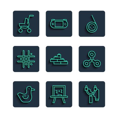 Set line Rubber duck Chalkboard Slingshot Yoyo toy Toy building block bricks Tic tac toe game Baby stroller and Fidget spinner icon. Vector.