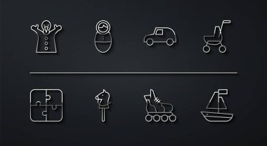 Set line Toy puppet doll on hand Puzzle pieces toy Baby stroller Roller skate horse Tumbler boat and car icon. Vector.