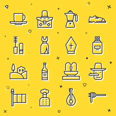 Set line Pasta spaghetti Pinocchio Perfume Coffee moca pot Woman dress Mascara brush cup and Pope hat icon. Vector.