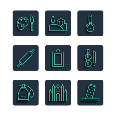 Set line Perfume Milan Cathedral Tower in Pisa Pizza knife Picture Rolling pin Paint brush with palette and Violin icon. Vector.