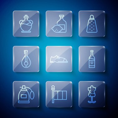 Set line Perfume Flag Italy Mannequin Grater Men shoes Mandolin Bottle of olive oil and wine icon. Vector.