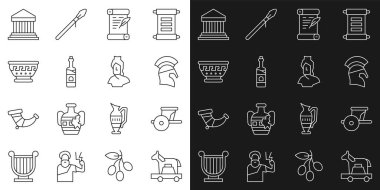Set line Trojan horse Ancient chariot Greek helmet Decree parchment scroll Bottle of wine ancient bowl Parthenon and bust sculpture icon. Vector.
