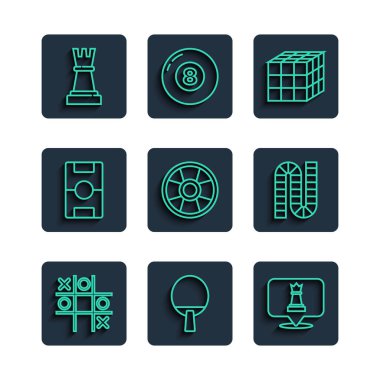 Set line Tic tac toe game Racket Chess Rubik cube Casino chip Hockey table and Board icon. Vector.