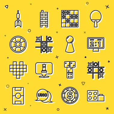 Set line Toy building block bricks Tic tac toe game Sport mechanical scoreboard Board of checkers Casino chip Dart arrow and Chip for icon. Vector.